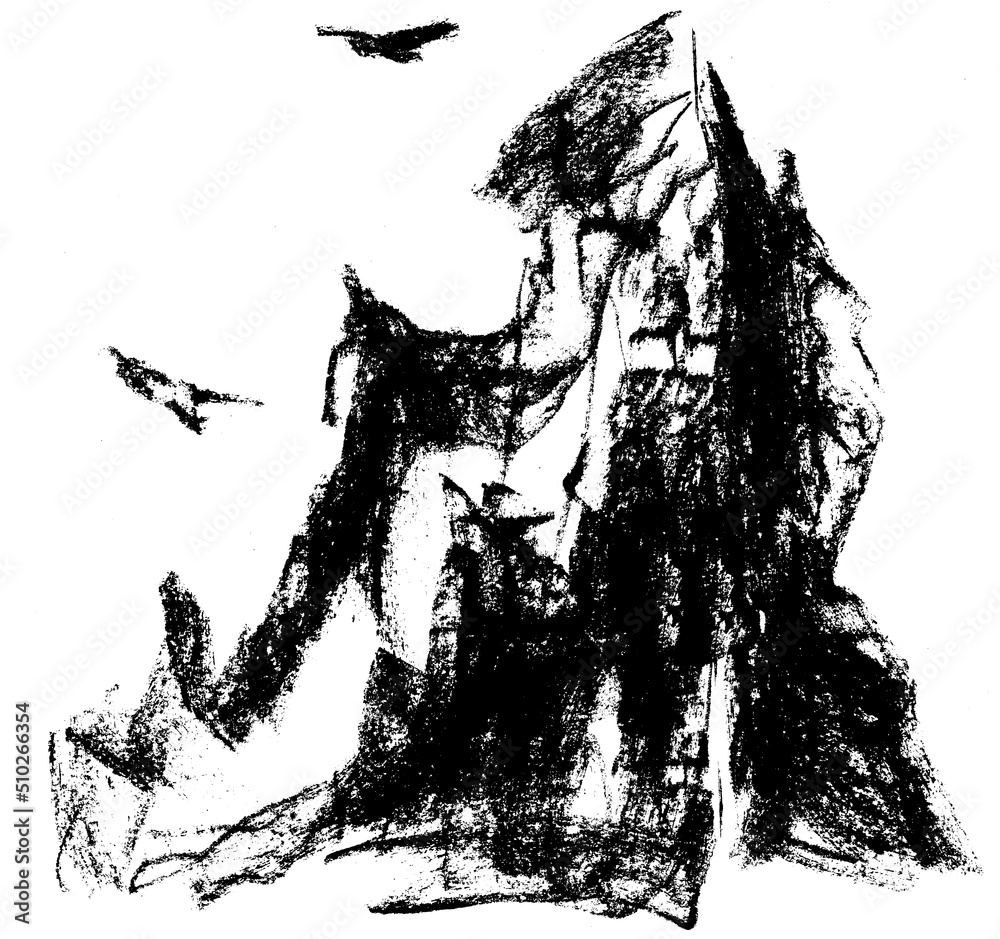 Abstract graphic illustration in black and white. Mountains, a simple picture for decoration in a minimalist style. Abstract graphic illustration in black and white. Mountains, a simple picture for decoration in a minimalist style.