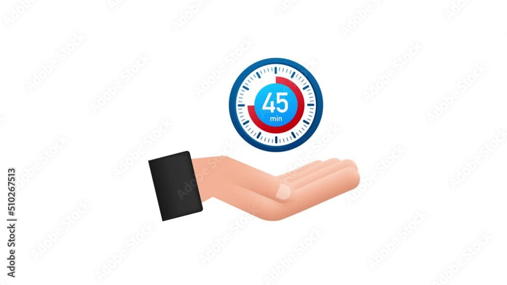 The 45 minutes, stopwatch Motion graphics in hand icon. Stopwatch icon in flat style, timer on white background. Motion graphics 4k