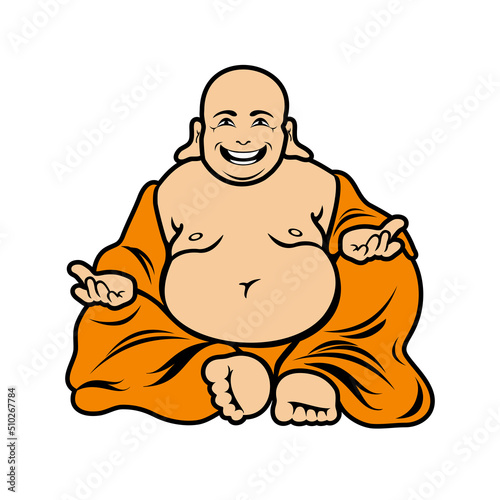 Cheerful fat sitting buddha icon vector. Laughing belly buddha icon vector isolated on a white background. Funny buddha man cartoon character