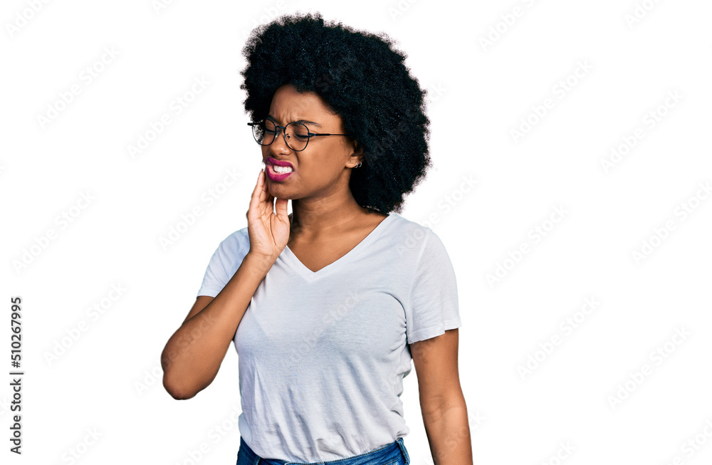 Young african american woman wearing casual white t shirt touching mouth with hand with painful expression because of toothache or dental illness on teeth. dentist Young african american woman wearing casual white t shirt touching mouth with hand with painful expression because of toothache or dental illness on teeth. dentist