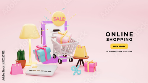 3d Online shopping with realistic image. 3d background is perfect for promotion, ecommerce and commercial. Claymation style in 4k resolution