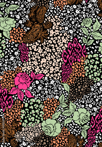 Seamless leopard pattern  animal print with flowers.