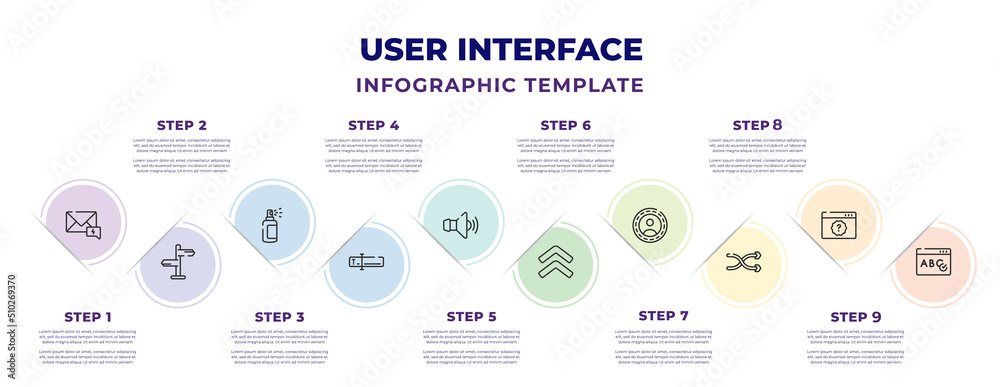 user interface infographic design template with new email with lightning, ,  spray paint, text box, amplified speaker, up chevron, accounts, crossed  arrows, spellcheck icons. can be used for web, Stock Vector |