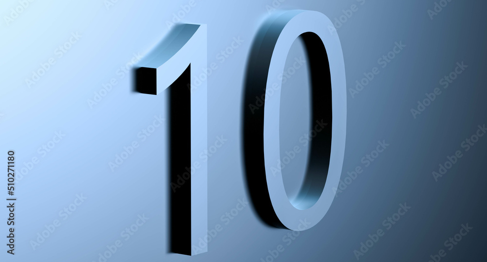 Number 10 on a blue background with reflection. Abstract TEN bluish metallic color with reflection. 3D rendering illustration. Number 10 on a blue background with reflection. Abstract TEN bluish metallic color with reflection. 3D rendering illustration.