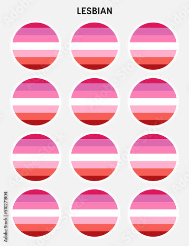 Set of pride flags, lesbian flags in the shape of a circle. Circle shaped sticker icon and LEBT symbols.