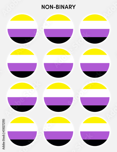 Set of pride flags, non binary flags in the shape of a circle. Circle shaped sticker icon and LEBT symbols. © bbeer.s