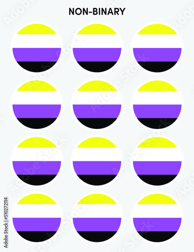 Set of pride flags  non binary flags in the shape of a circle. Circle shaped sticker icon and LEBT symbols.