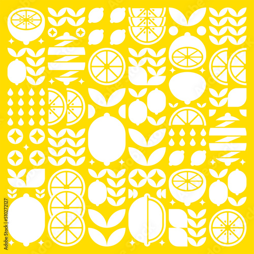 Abstract artwork of lemon fruit pattern icons. Simple vector art, geometric illustration of citrus, orange, lime, lemonade and leaves silhouettes. Minimalist flat modern design on yellow background.