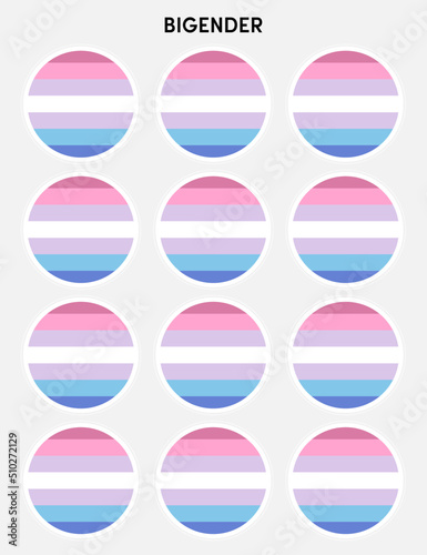 Set of pride flags, bigender flags in the shape of a circle. Circle shaped sticker icon and LEBT symbols. © bbeer.s