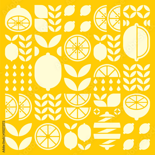 Abstract artwork of lemon fruit pattern icons. Simple vector art, geometric illustration of citrus, orange, lime, lemonade and leaves silhouettes. Minimalist flat modern design on yellow background.