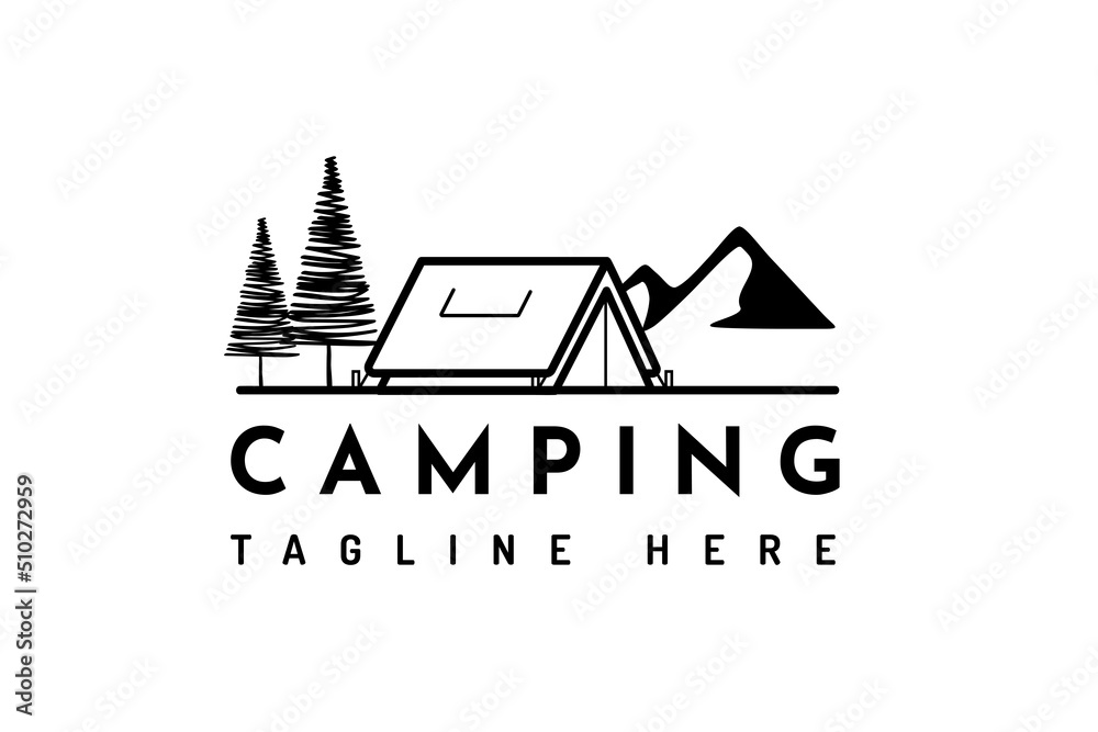 camping logos consisting of mountains, camp and trees line style isolated for explore emblem