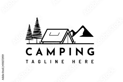 camping logos consisting of mountains, camp and trees line style isolated for explore emblem