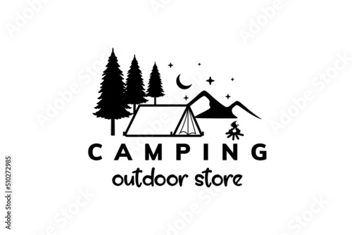 camping logos consisting of mountains, camp and trees line style isolated for explore emblem