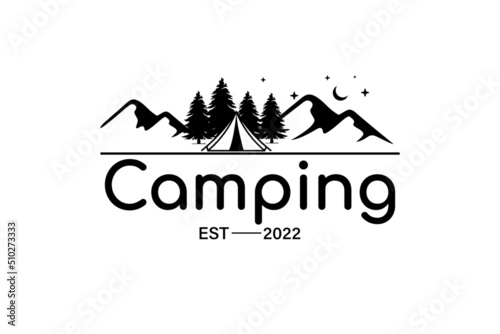 camping logos consisting of mountains, camp and trees line style isolated for explore emblem