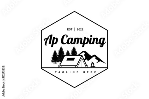 camping logos consisting of mountains, camp and trees line style isolated for explore emblem