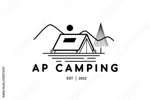 camping logos consisting of mountains, camp and trees line style isolated for explore emblem