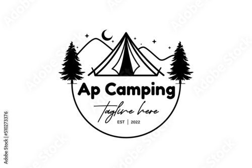 camping logos consisting of mountains, camp and trees line style isolated for explore emblem