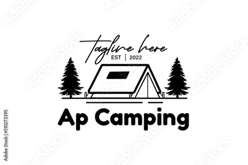 camping logos consisting of mountains, camp and trees line style isolated for explore emblem