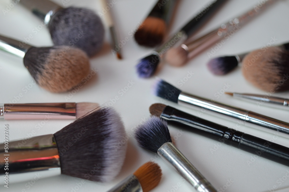 Professional cosmetic makeup brushes of different sizes on a white background for applying powder, shadows and blush and other cosmetic products Professional cosmetic makeup brushes of different sizes on a white background for applying powder, shadows and blush and other cosmetic products