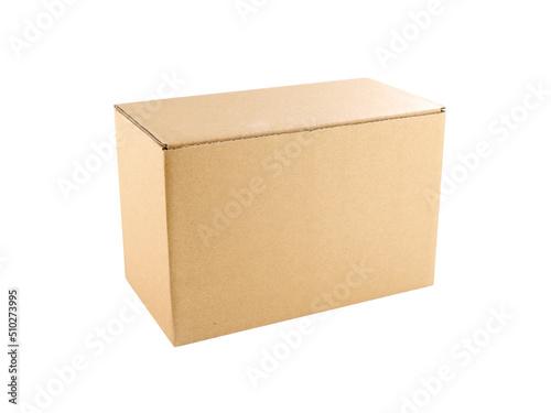 closed rectangle beige parcel recycle cardboard box isolated on white © andy0man