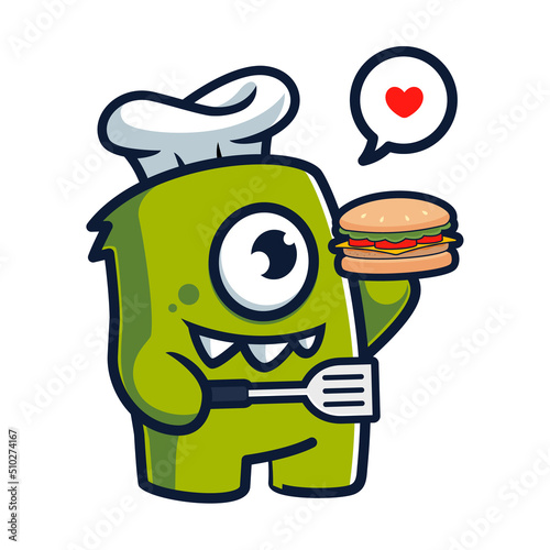 Funny and cute monster cartoon as chef cooking cheese burger