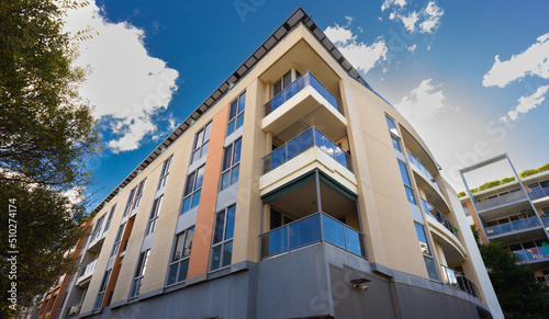 Residential high rise apartment building in inner Sydney suburb NSW Australia. Residential complex in leafy suburbia. Urban living high density suburban city 