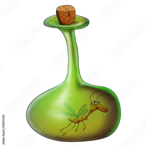 an insect inside a medical flask. caricature on a white background.