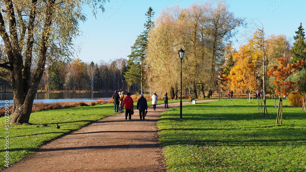 Historical monument. Autumn park, paths and trees. State Museum-Reserve Gatchina. Leningrad region, Russia. Historical monument. Autumn park, paths and trees. State Museum-Reserve Gatchina. Leningrad region, Russia.