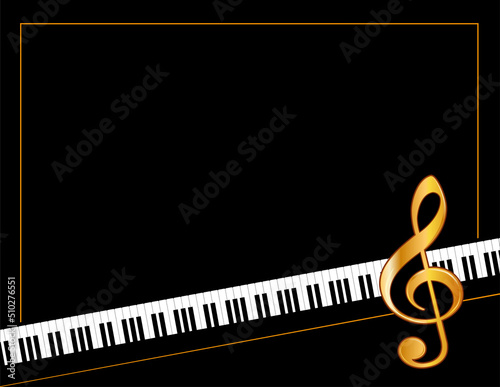 Music entertainment event poster frame, piano keyboard, golden treble clef, horizontal. Copy space for concerts, performances, recitals, events, announcements, fliers