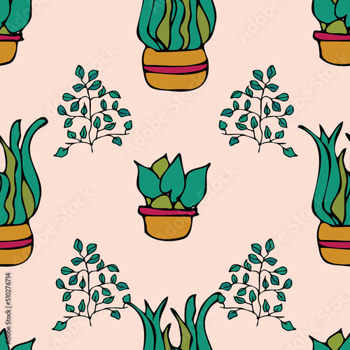 Vector white background plant in pot, succulents seamless pattern. Seamless pattern background
