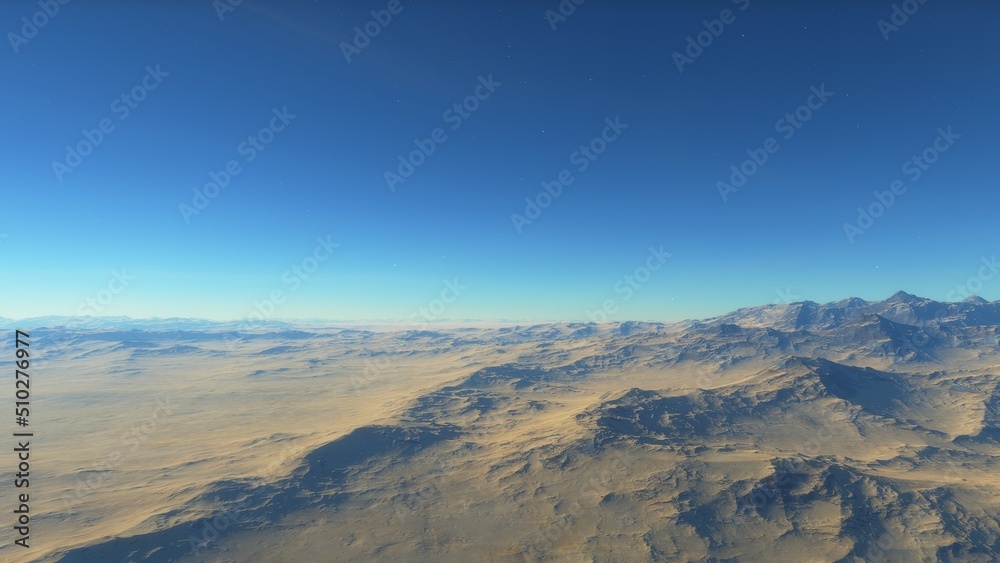 Mars like red planet, with arid landscape, rocky hills and mountains, for space exploration and science fiction backgrounds.
