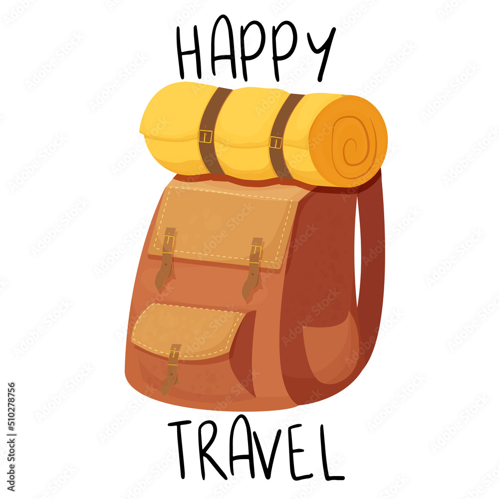 Camping backpack knapsack sticker with text Happy Travel in cartoon style isolated on white background. Bag for activity retro accessory. Casual equipment. Stock Vector Adobe Stock