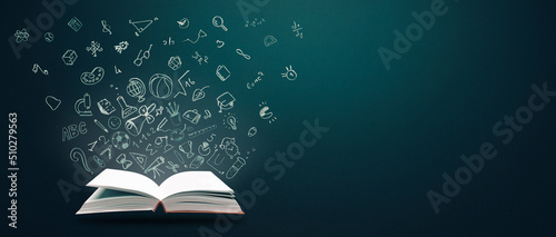 Education concept. Open books and hand drawn school doodle icons. Studying, knowledge, learning idea. Copy space.