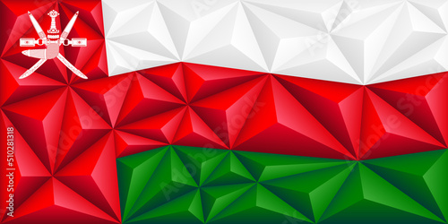 Abstract polygonal background in the form of colorful white, red and green stripes of the Omani flag. Polygonal flag of Oman.