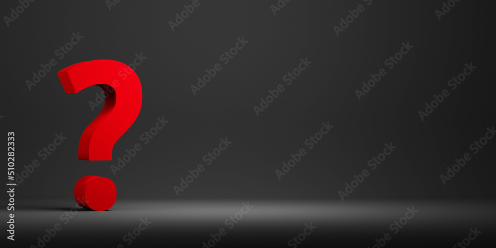 3D render of red question mark symbol on dark gray background 3D render of red question mark symbol on dark gray background