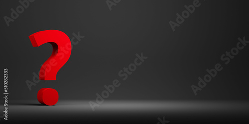 3D render of red question mark symbol on dark gray background