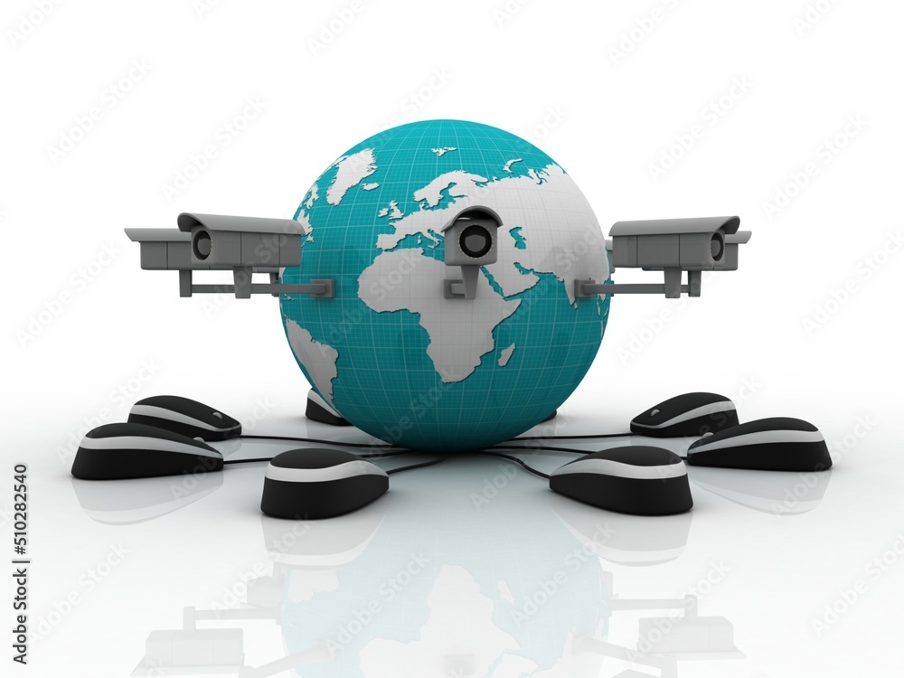 Fototapeta premium 3d rendering globe connected mouse under CCTV camera