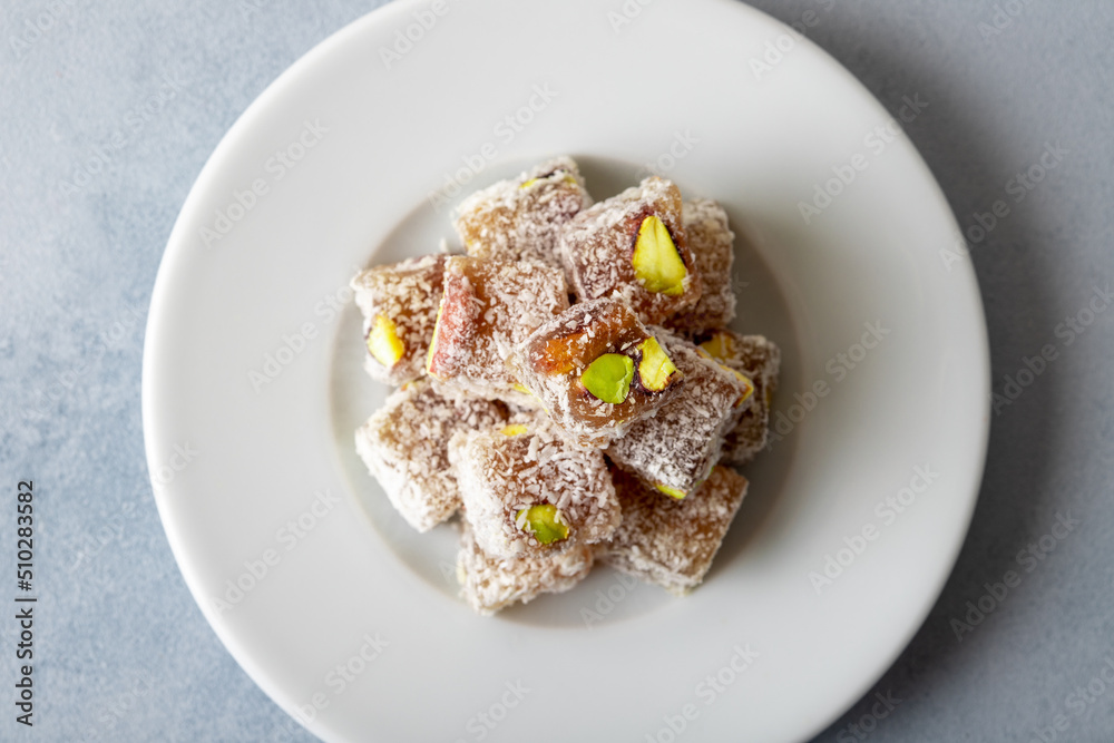 Traditional pistachio Turkish delight in a plate Traditional pistachio Turkish delight in a plate