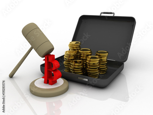 3d rendering bitcoin sign currency with hammer near goid coin on briefcase
 photo