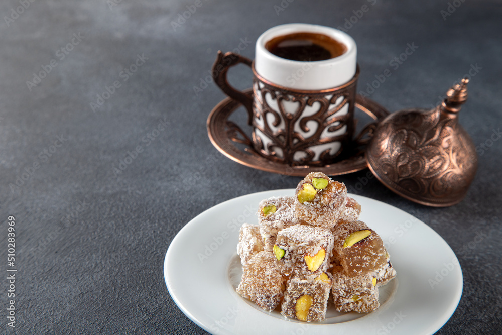 Traditional pistachio Turkish delight and Turkish coffee
Traditional pistachio Turkish delight and Turkish coffee