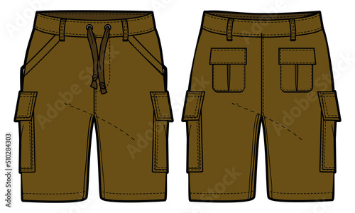 Chino Cargo Shorts design flat sketch vector illustration, Utility casual shorts concept with front and back view, printed Cargo utility bermuda shorts design illustration