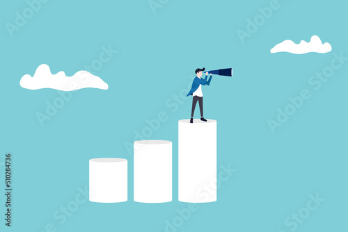 businessman standing on bars using telescope to see future prediction. economy, business opportunity or investment forecast concept