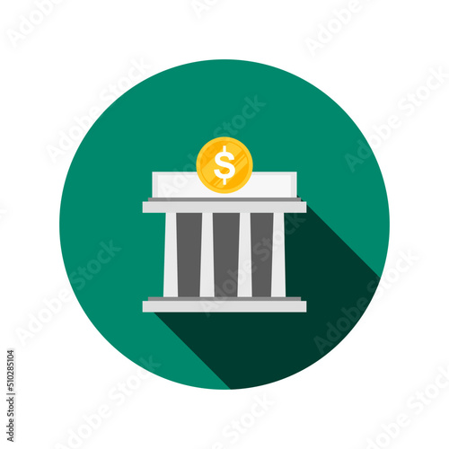 Bank building place in green circle. Symbol of bank icon.