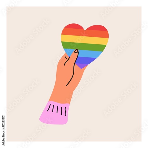The hand holds the LGBT heart. Pride month, LGBT flag, rainbow. Flat vector illustration