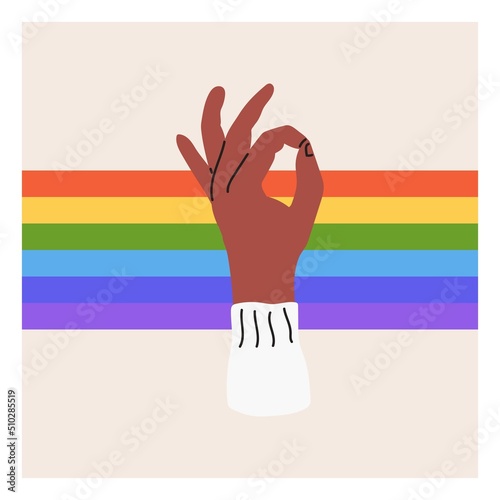 The hand shows the ok sign on the background of LGBT colors. Pride month, LGBT flag, rainbow. Flat vector illustration