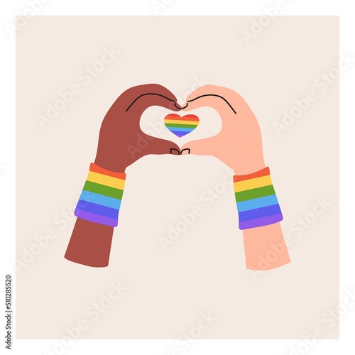 The hands are folded in the shape of an LGBT heart. Pride month, LGBT flag, rainbow. Flat vector illustration
