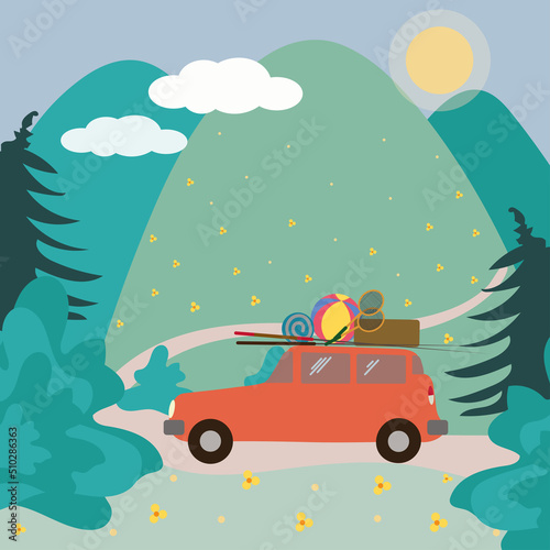 summer trip to the forest by car, vector design