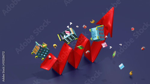 3d render illustration shopping carts with food cost and rising chart concept for purchasing power and shortage diet