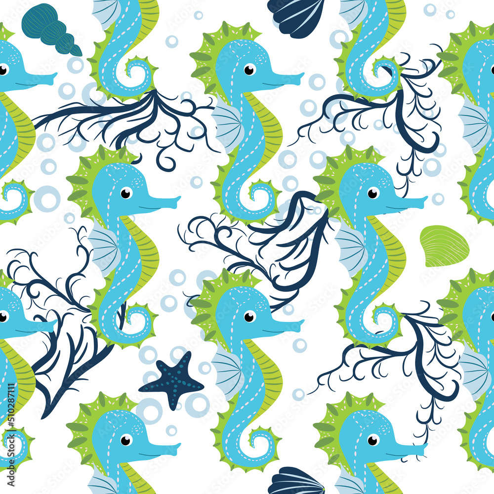 Cute seahorses cartoon seamless pattern. Hand drawn ocean animals. Nautical beach, Sea life fun underwater