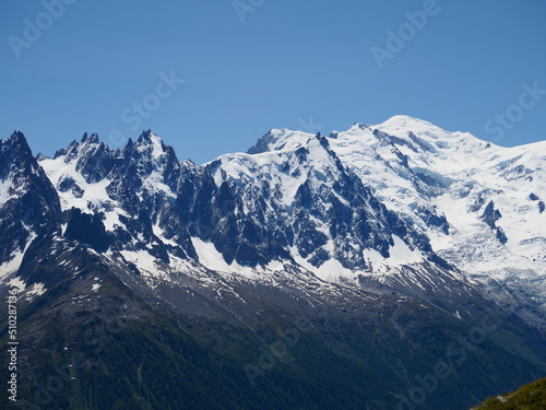 neige, pics, aiguilles dans les alpes, secteur Mont-Blanc, Chamonix, avec ciel bleu © AldoBarnsOutdoor